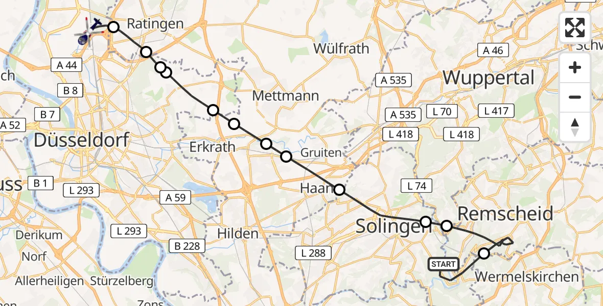 Flugroute Polizeihubschrauber Solingen - Düsseldorf Flughafen, 19 August 2026, 09:54