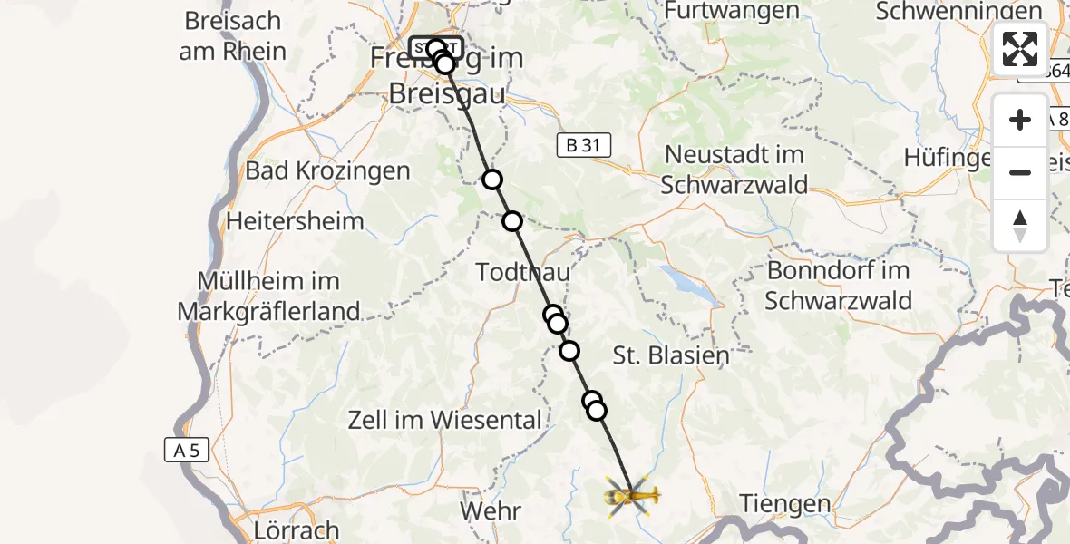 Flugroute Ambulanzhubschrauber Freiburg im Breisgau Flugplatz - Görwihl, 19 August 2026, 09:54