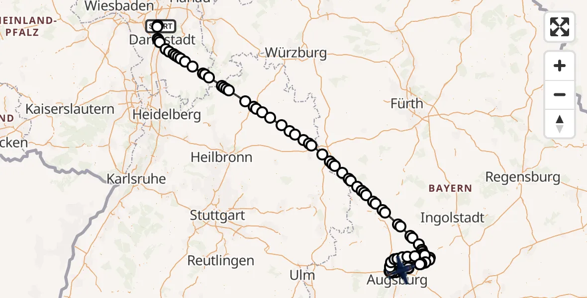 Flugroute Polizeiflugzeug Flughafen Frankfurt-Egelsbach - Augsburg Flughafen, 19 August 2026, 09:55