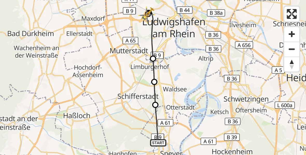 Flugroute Rettungshubschrauber Speyer - Ludwigshafen Accident Hospital, 19 August 2026, 09:57