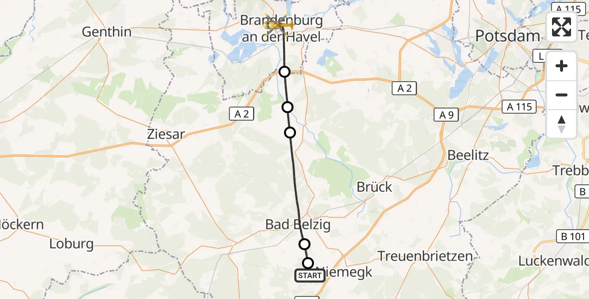 Flugroute Rettungshubschrauber Rabenstein/Fläming - Brandenburg an der Havel, 19 August 2026, 10:00