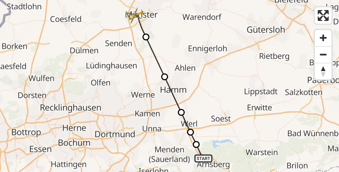 Flugroute Rettungshubschrauber Arnsberg - Münster, 19 August 2026, 10:05