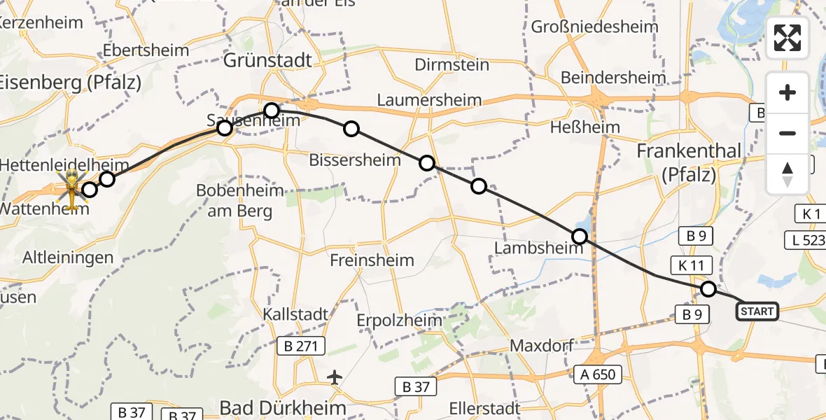 Flugroute Rettungshubschrauber Ludwigshafen am Rhein - Wattenheim, 19 August 2026, 10:09