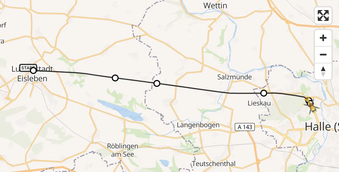 Flugroute Rettungshubschrauber Helios Hospital Lutherstadt Eisleben - Halle (Saale) University Hospital, 19 August 2026, 10:10
