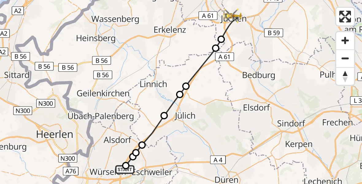 Flugroute Rettungshubschrauber Aachen-Merzbrück Flughafen - Jüchen, 19 August 2026, 10:12