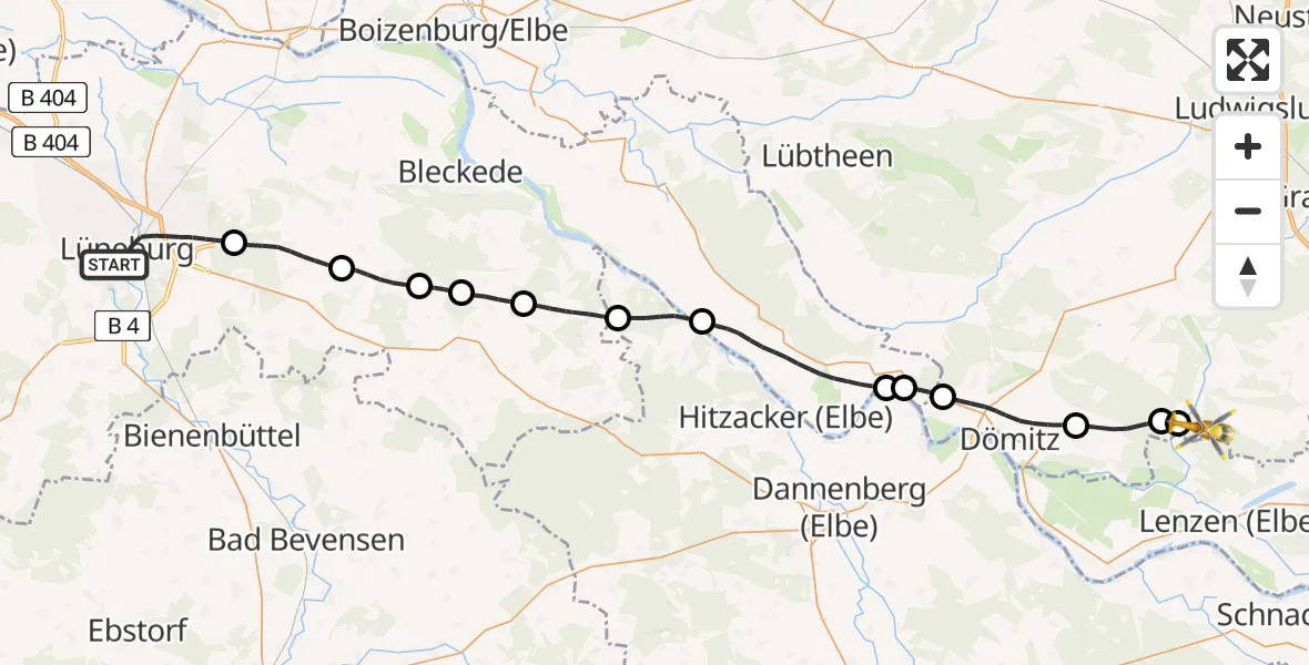 Flugroute Rettungshubschrauber Lüneburg - Milow, 19 August 2026, 10:15