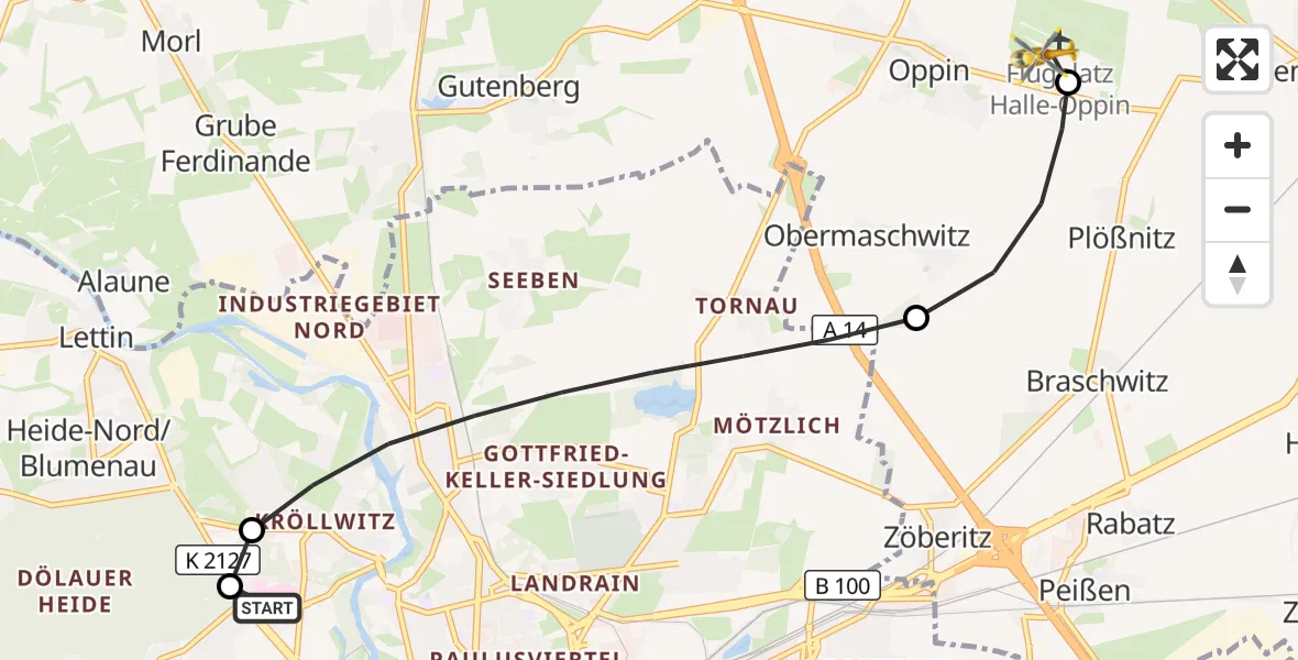 Flugroute Rettungshubschrauber Halle (Saale) University Hospital - Halle-Oppin Flugplatz, 19 August 2026, 10:17