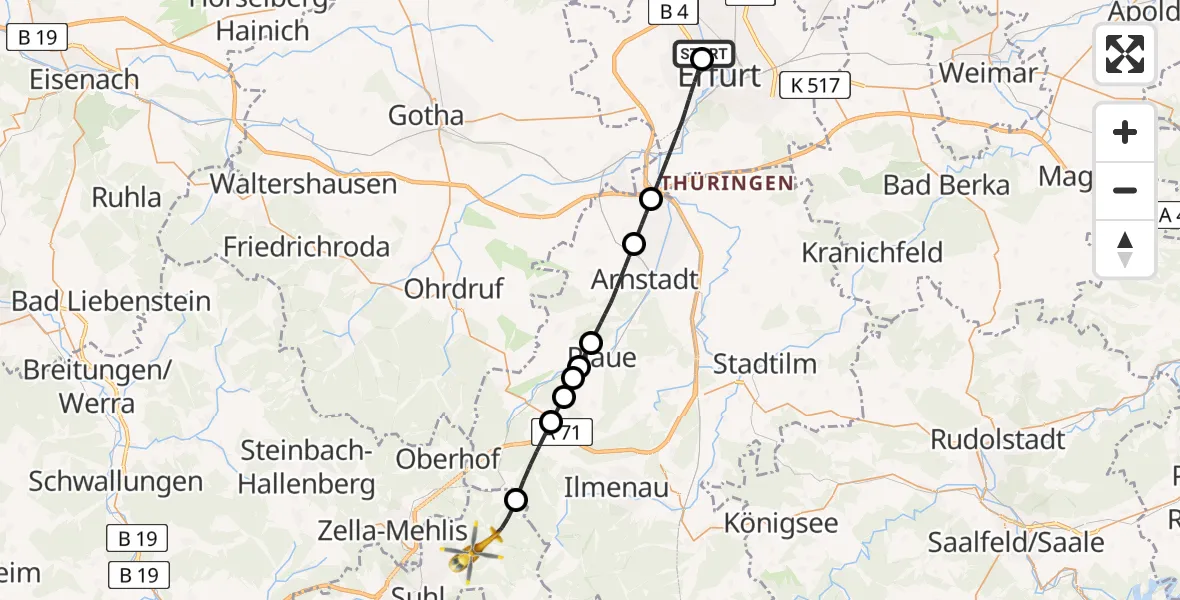 Flugroute Rettungshubschrauber Helios Clinic Erfurt - Suhl, 19 August 2026, 10:21