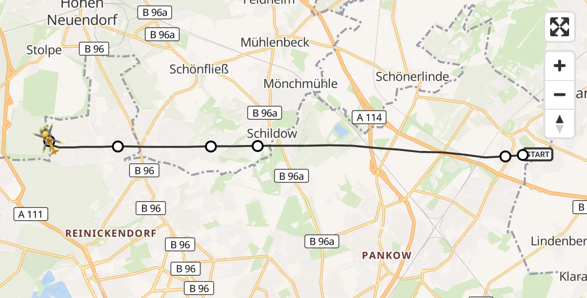 Flugroute Rettungshubschrauber Helios Clinic Berlin-Buch - Hohen Neuendorf, 19 August 2026, 10:25