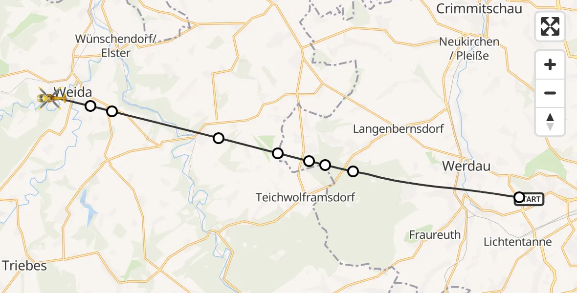 Flugroute Rettungshubschrauber ADAC Air Rescue Station Zwickau Hubschrauberlandeplatz - Weida, 19 August 2026, 10:27