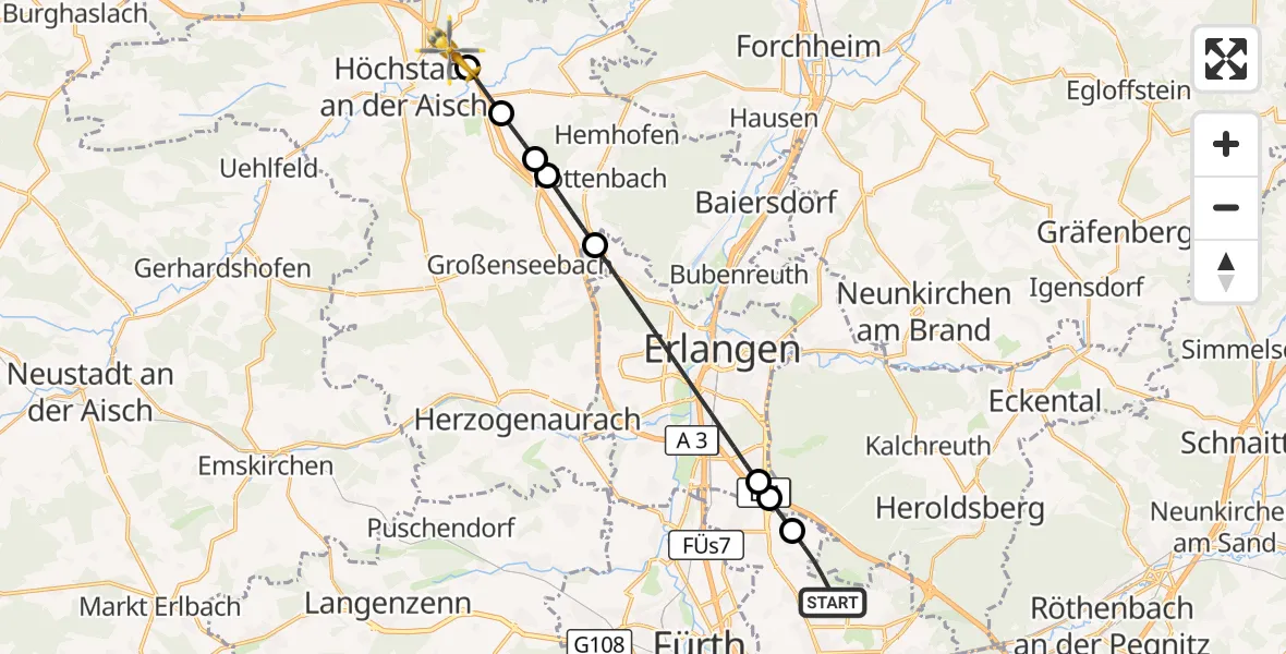 Flugroute Ambulanzhubschrauber Flughafen Nuremberg - Höchstadt a.d.Aisch, 19 August 2026, 10:41