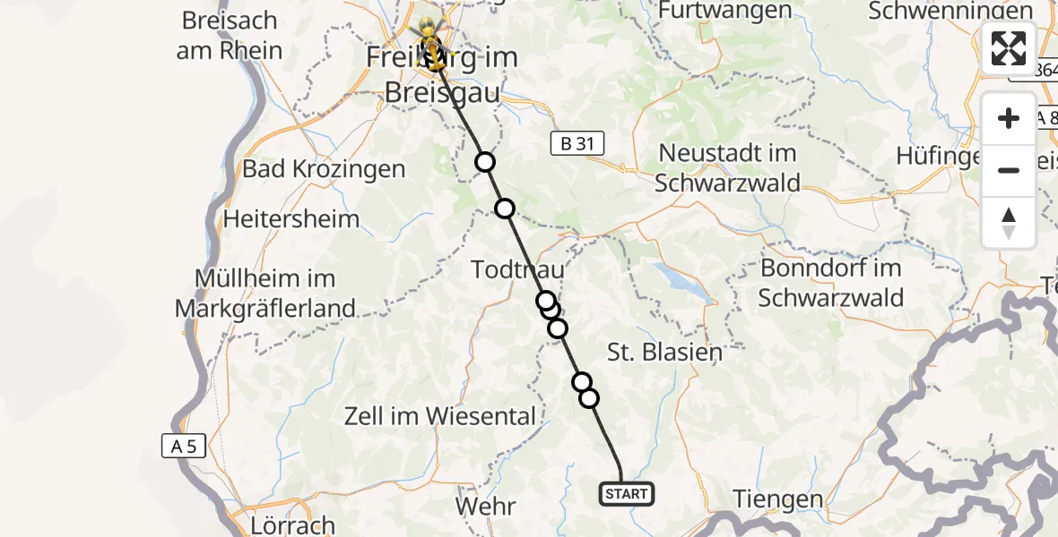 Flugroute Ambulanzhubschrauber Görwihl - Freiburg im Breisgau Flugplatz, 19 August 2026, 10:43