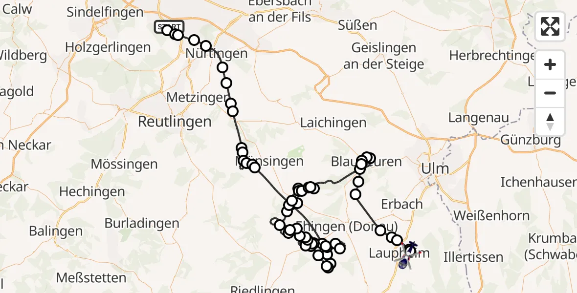 Flugroute Polizeihubschrauber Flughafen Stuttgart - Militärflugplatz Laupheim, 19 August 2026, 10:44