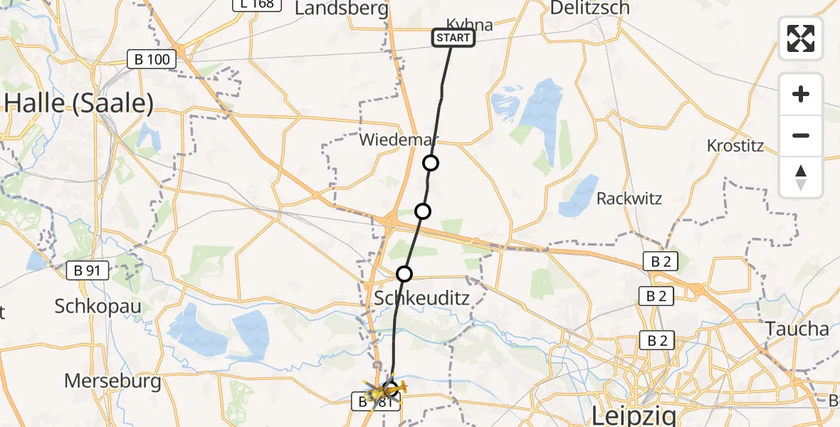 Flugroute Rettungshubschrauber Wiedemar - ADAC Air Rescue Station Leipzig/Schkeuditz-Dölzig Hubschrauberlandeplatz (Christoph 61), 19 August 2026, 10:44