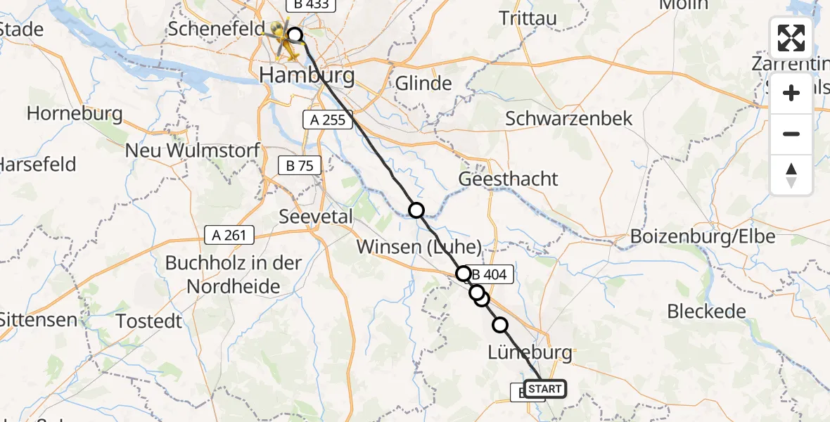 Flugroute Rettungshubschrauber Lüneburg - Hamburg, 19 August 2026, 10:48