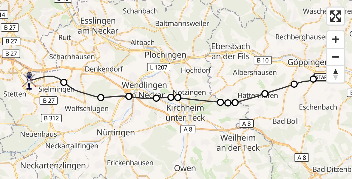 Flugroute Polizeihubschrauber Göppingen - Flughafen Stuttgart, 19 August 2026, 10:53