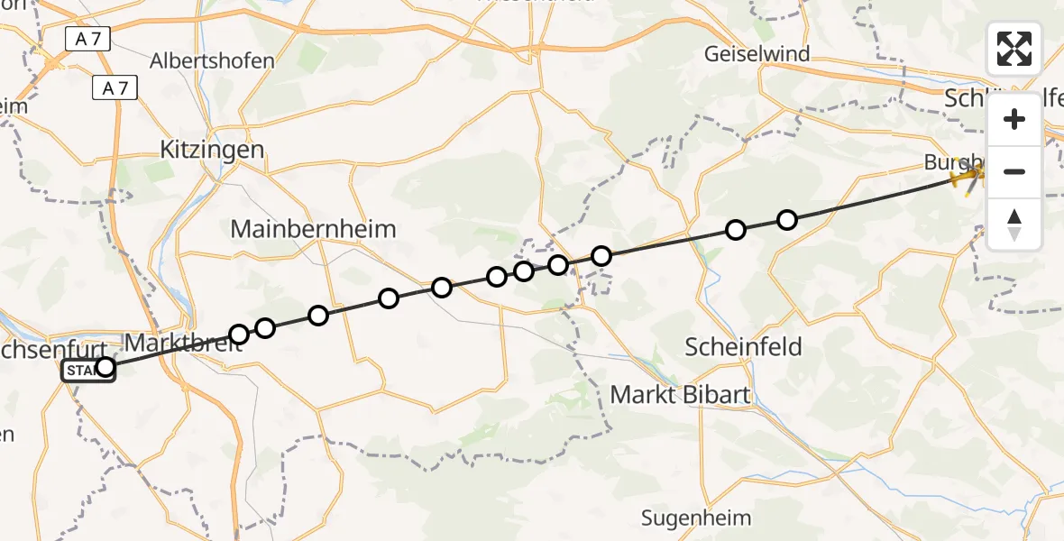 Flugroute Rettungshubschrauber Ochsenfurt Hospital - Burghaslach, 19 August 2026, 10:55