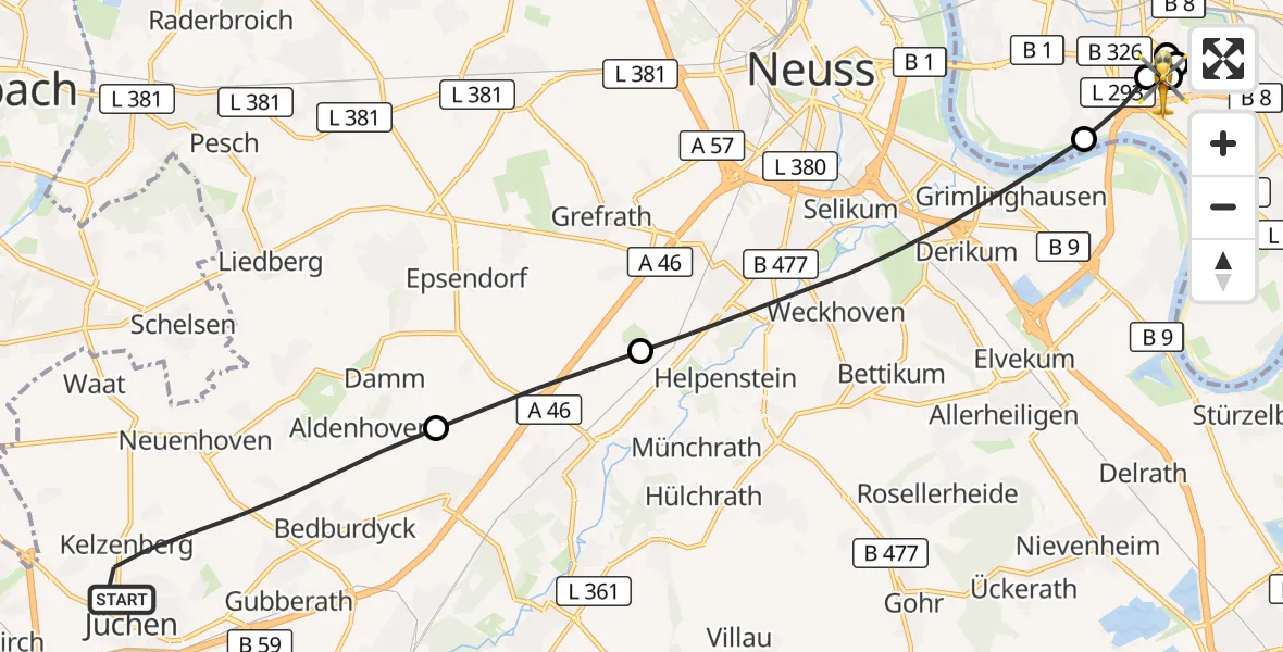 Flugroute Rettungshubschrauber Jüchen - Düsseldorf University Hospital, 19 August 2026, 10:57