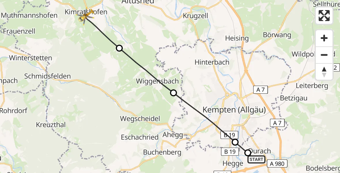 Flugroute Rettungshubschrauber Kempten-Durach Flugplatz - Altusried, 19 August 2026, 11:03