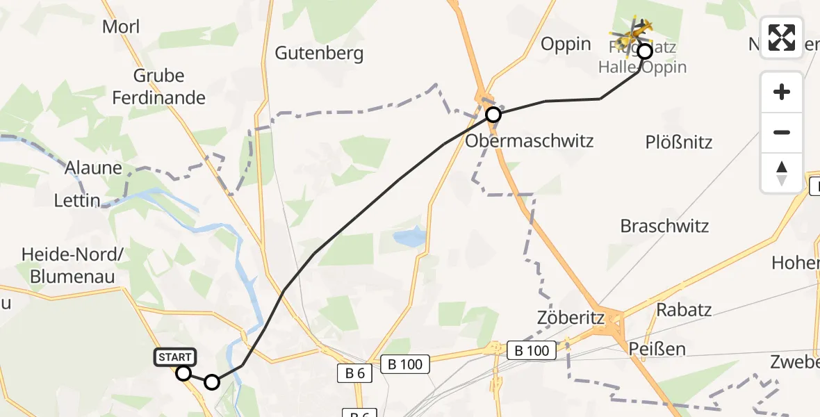Flugroute Rettungshubschrauber Halle (Saale) University Hospital - Halle-Oppin Flugplatz, 19 August 2026, 11:12