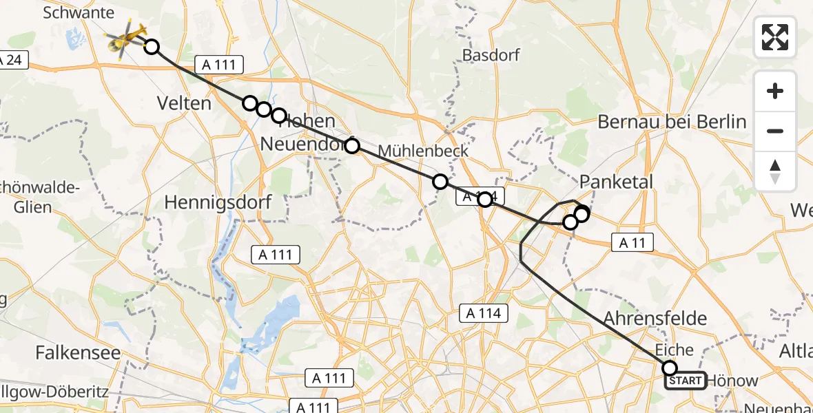 Flugroute Rettungshubschrauber Ahrensfelde - Oberkrämer, 19 August 2026, 11:16