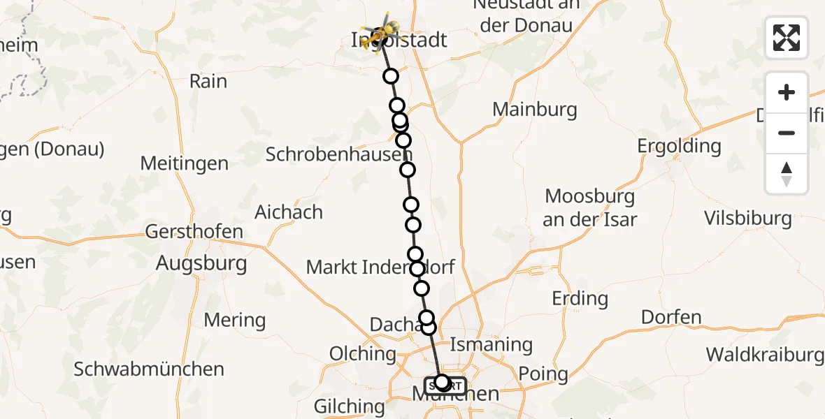 Flugroute Rettungshubschrauber Deutsches Herzzentrum München - Ingolstadt Hospital, 19 August 2026, 11:17