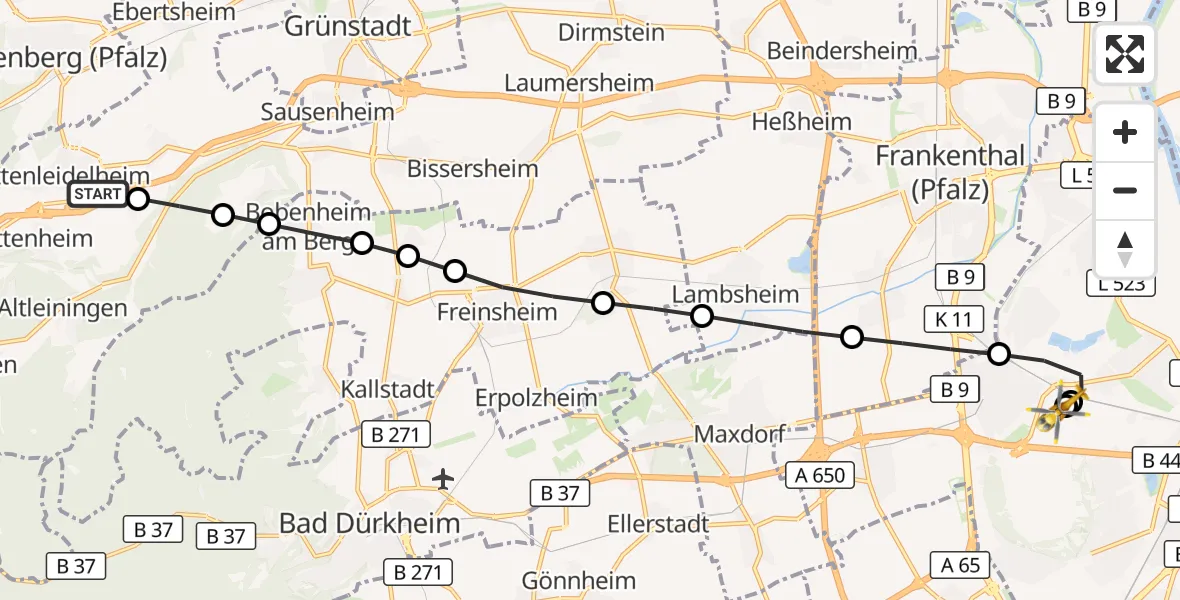 Flugroute Rettungshubschrauber Wattenheim - Ludwigshafen Accident Hospital, 19 August 2026, 11:19