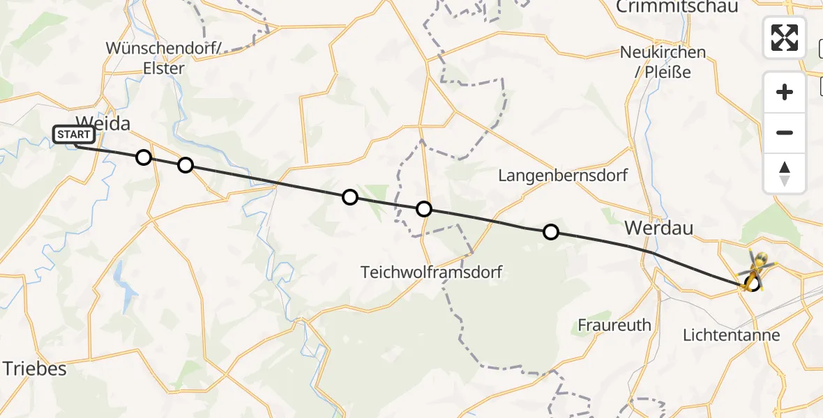 Flugroute Rettungshubschrauber Weida - ADAC Air Rescue Station Zwickau Hubschrauberlandeplatz, 19 August 2026, 11:19