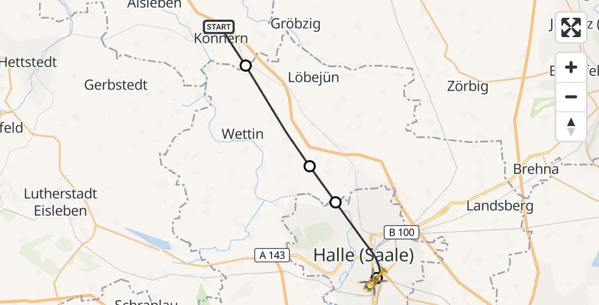 Flugroute Rettungshubschrauber Könnern - BG Hospital Bergmannstrost Halle, 19 August 2026, 11:19