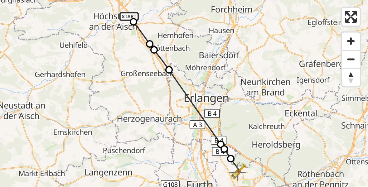 Flugroute Ambulanzhubschrauber Höchstadt a.d.Aisch - Flughafen Nuremberg, 19 August 2026, 11:20