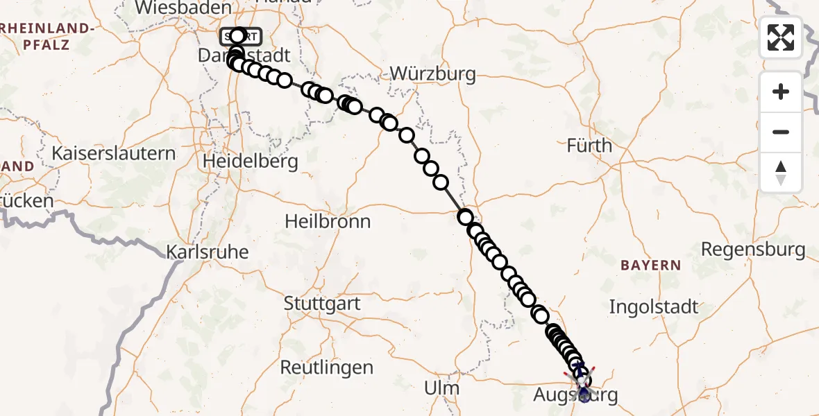 Flugroute Polizeihubschrauber Flughafen Frankfurt-Egelsbach - Augsburg Flughafen, 19 August 2026, 11:24