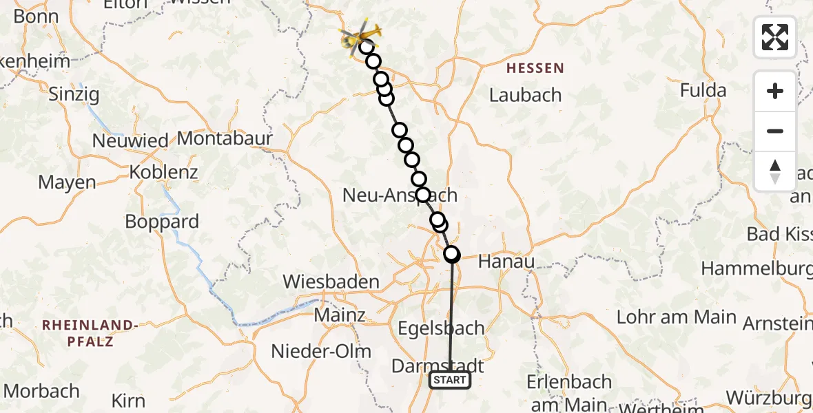 Flugroute Rettungshubschrauber Mühltal - Mittenaar, 19 August 2026, 11:25