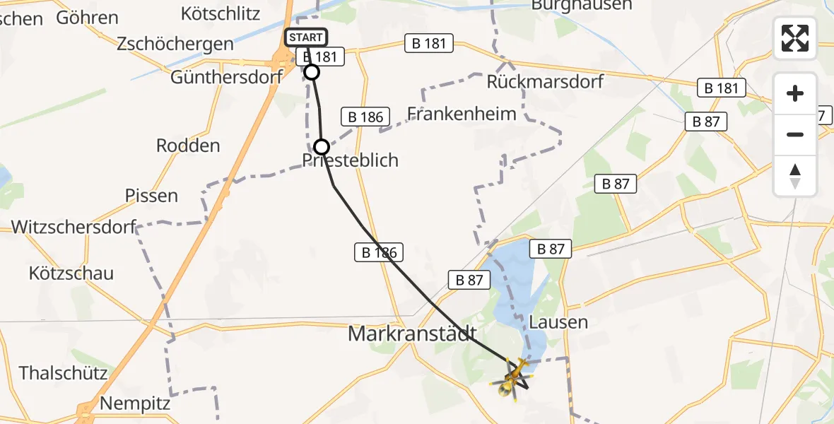 Flugroute Rettungshubschrauber ADAC Air Rescue Station Leipzig/Schkeuditz-Dölzig Hubschrauberlandeplatz (Christoph 61) - Markranstädt, 19 August 2026, 11:27