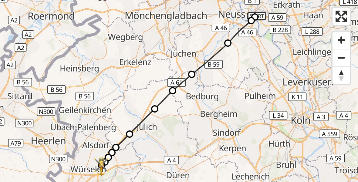 Flugroute Rettungshubschrauber Düsseldorf University Hospital - Aachen-Merzbrück Flughafen, 19 August 2026, 11:32