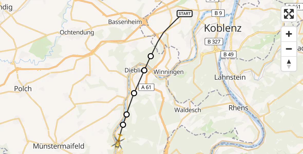 Flugroute Rettungshubschrauber Koblenz - Alken, 19 August 2026, 11:37