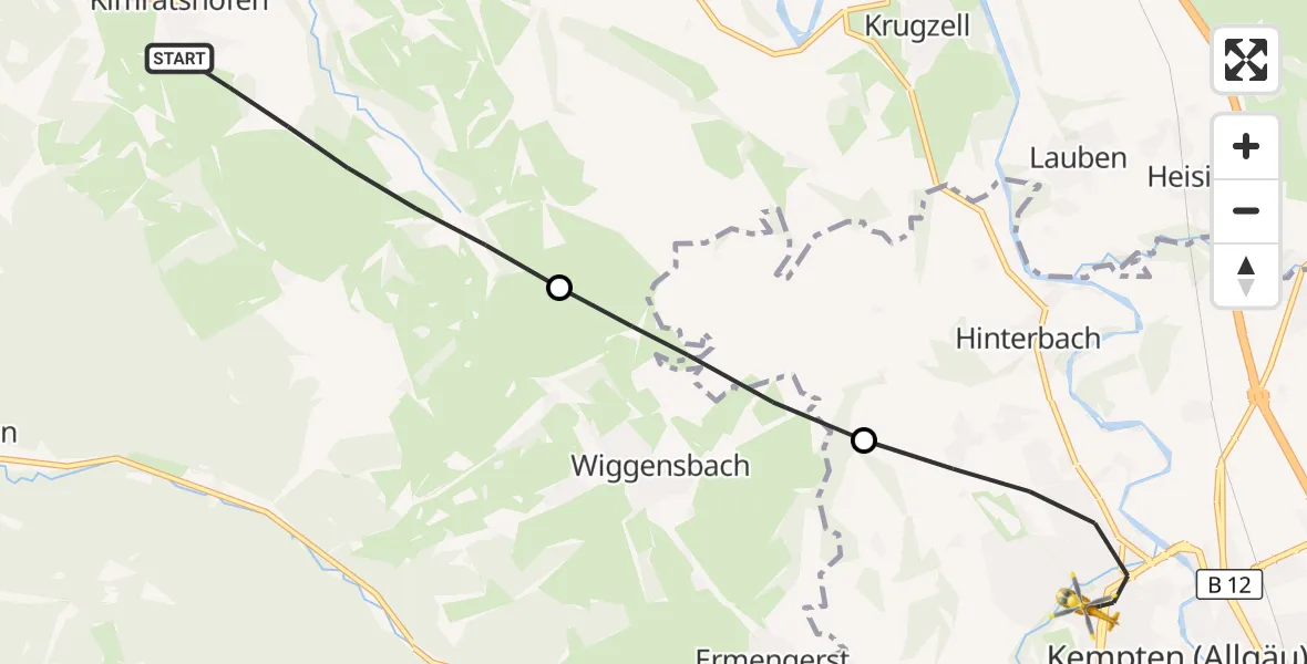 Flugroute Rettungshubschrauber Altusried - Kempten (Allgäu), 19 August 2026, 11:43