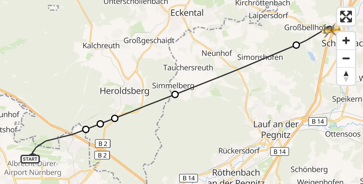 Flugroute Ambulanzhubschrauber Flughafen Nuremberg - Schnaittach, 19 August 2026, 11:45