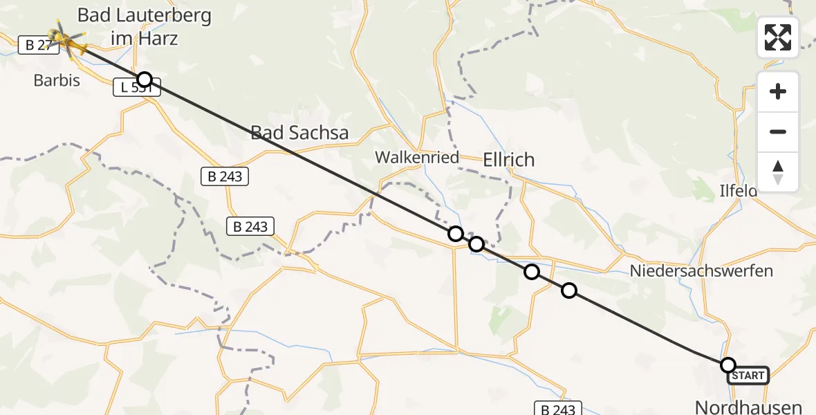 Flugroute Rettungshubschrauber Südharz Hospital Nordhausen - Bad Lauterberg im Harz, 19 August 2026, 11:48