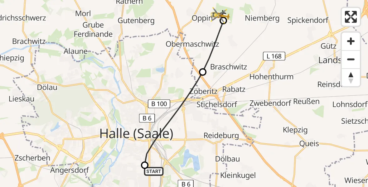 Flugroute Rettungshubschrauber BG Hospital Bergmannstrost Halle - Halle-Oppin Flugplatz, 19 August 2026, 12:04