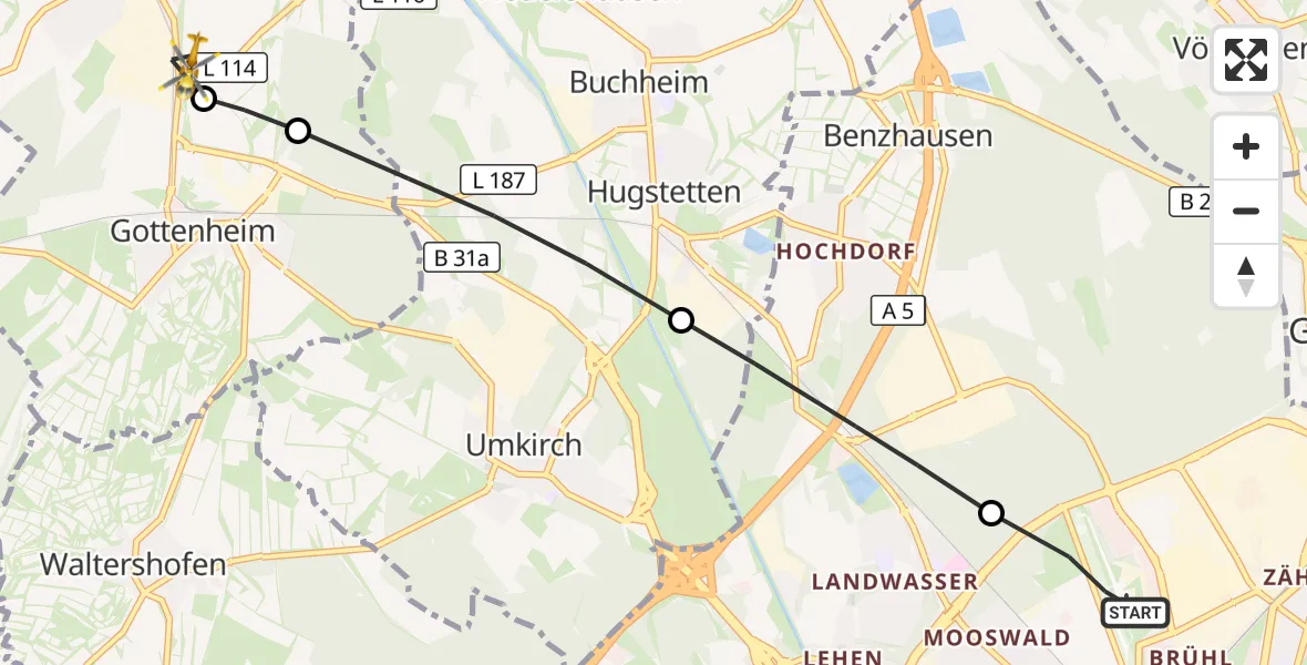 Flugroute Ambulanzhubschrauber Freiburg im Breisgau Flugplatz - Bötzingen, 19 August 2026, 12:05