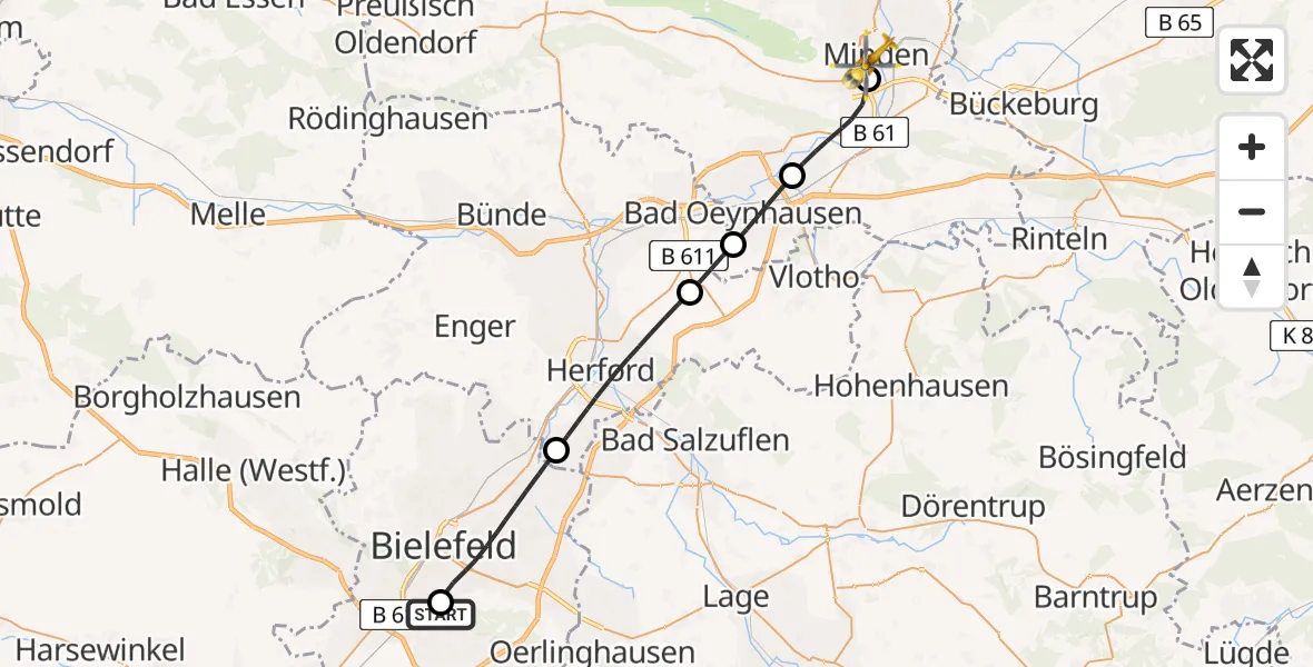 Flugroute Rettungshubschrauber Luftrettungszentrum Bielefeld - Minden, 19 August 2026, 12:07