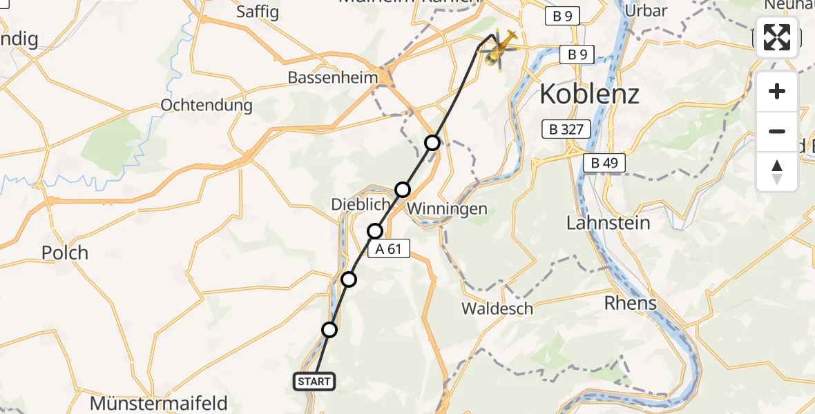 Flugroute Rettungshubschrauber Oberfell - Koblenz, 19 August 2026, 12:08