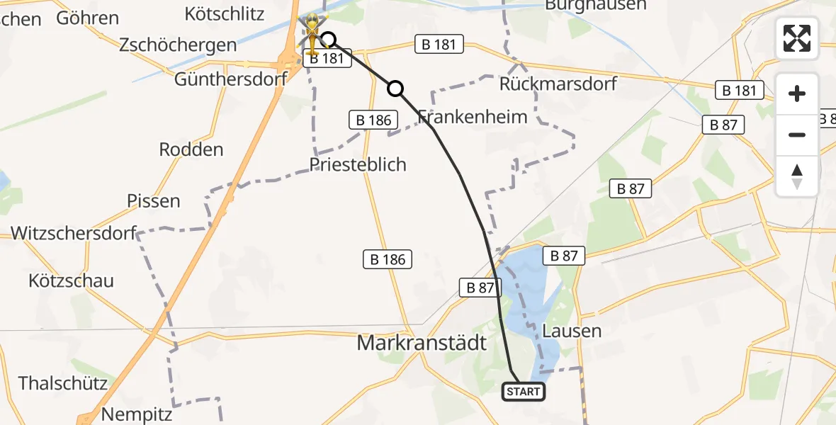 Flugroute Rettungshubschrauber Markranstädt - ADAC Air Rescue Station Leipzig/Schkeuditz-Dölzig Hubschrauberlandeplatz (Christoph 61), 19 August 2026, 12:09