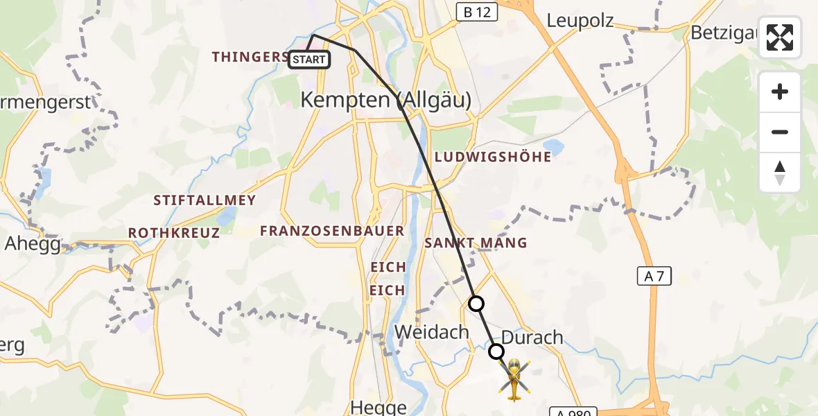 Flugroute Rettungshubschrauber Kempten (Allgäu) - Kempten-Durach Flugplatz, 19 August 2026, 12:10