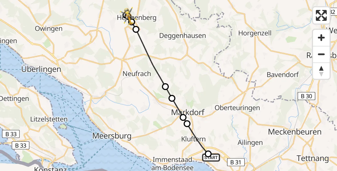 Flugroute Rettungshubschrauber Friedrichshafen Hospital - Heiligenberg, 19 August 2026, 12:13