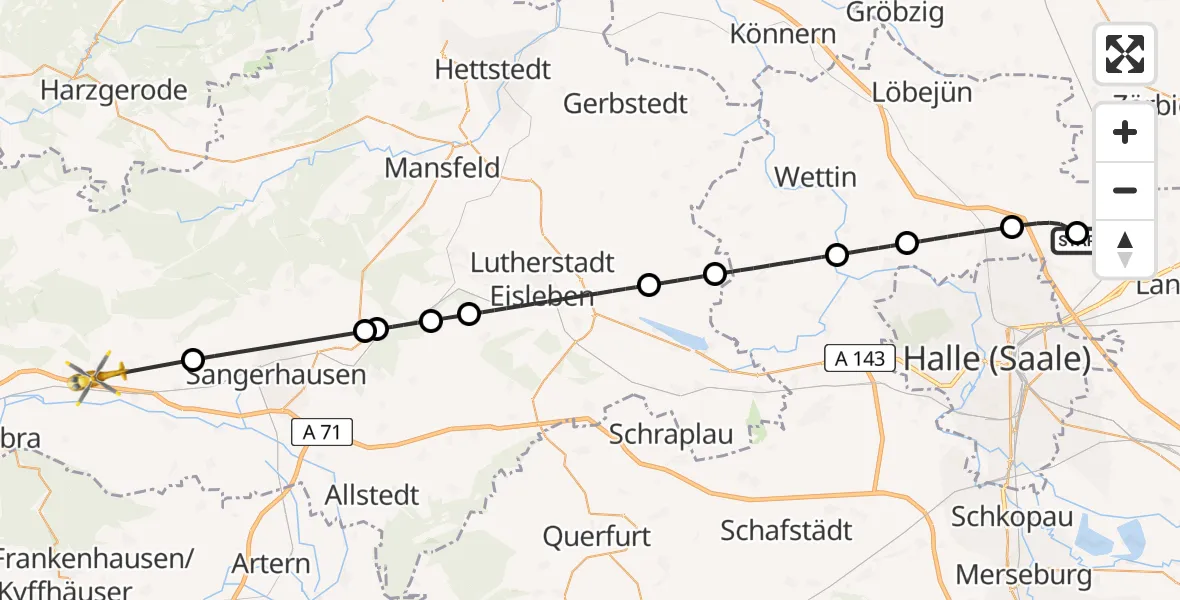 Flugroute Rettungshubschrauber Halle-Oppin Flugplatz - Südharz, 19 August 2026, 12:14