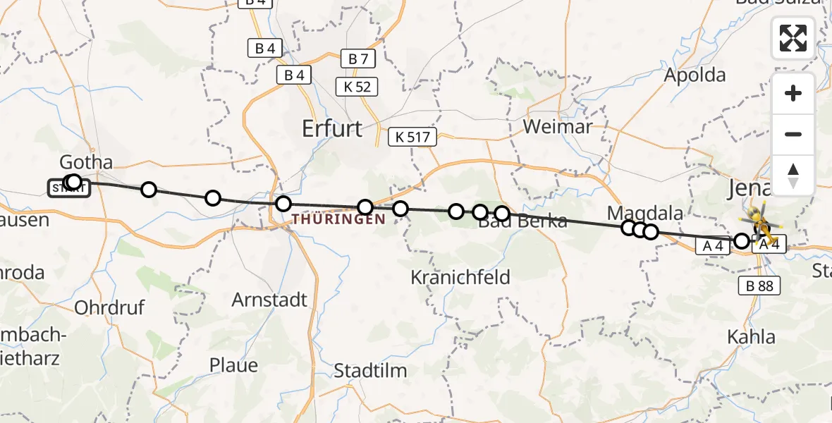 Flugroute Ambulanzhubschrauber Helios Clinic Gotha - Lobeda Hubschrauberlandeplatz, 19 August 2026, 12:18