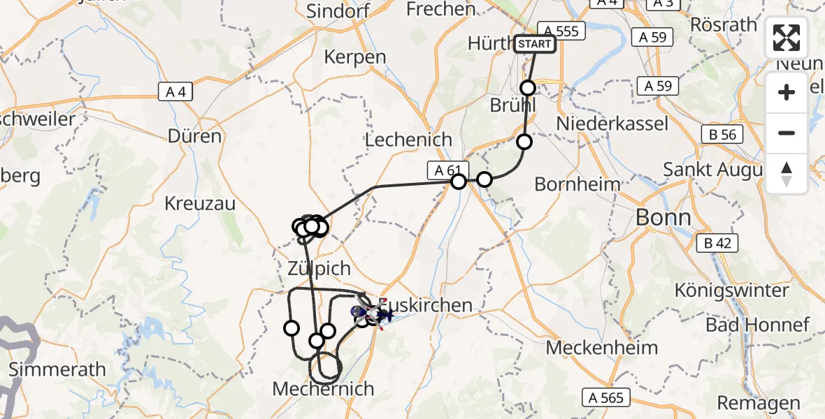 Flugroute Polizeihubschrauber Köln - Zülpich, 19 August 2026, 12:20