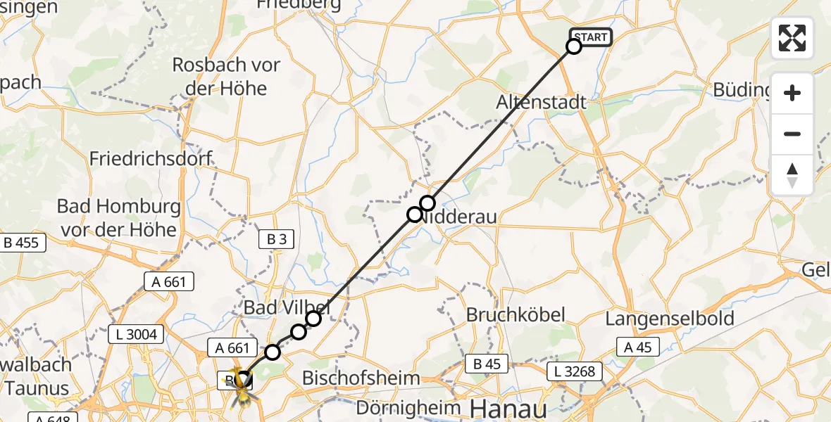 Flugroute Rettungshubschrauber Glauburg - Frankfurt am Main Accident Hospital Ground, 19 August 2026, 12:27