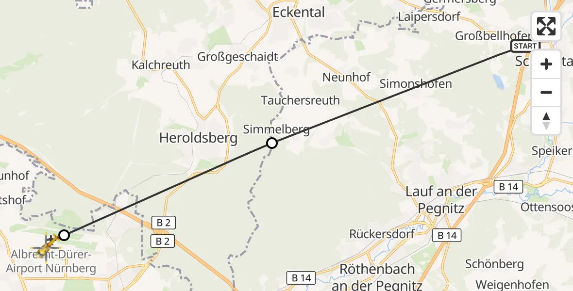 Flugroute Ambulanzhubschrauber Schnaittach - Flughafen Nuremberg, 19 August 2026, 12:28